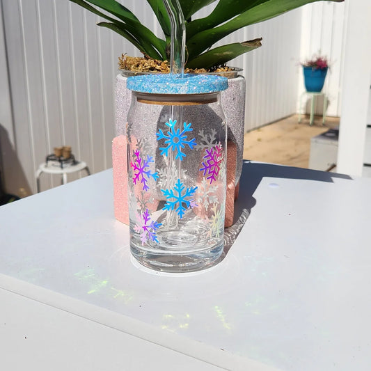 Holographic snowflakes with glitter bamboo Top for ice coffee